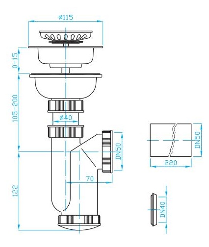 Sifon dřezový 115, nerezová miska, zátka, DN50