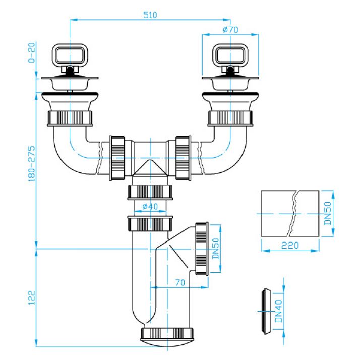 Sifon dvoudřezový, nerezová miska, zátka, DN50
